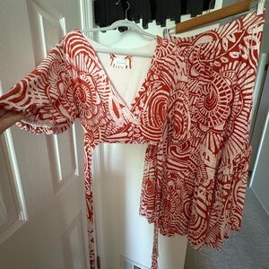 Anthropologie Orange wrap shirt with matching midi lined skirt set